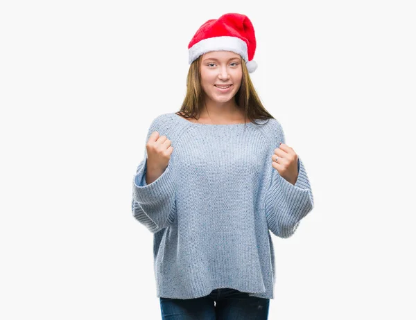 Giovane Bella Donna Caucasica Indossa Cappello Natale Sfondo Isolato Celebrando — Foto Stock