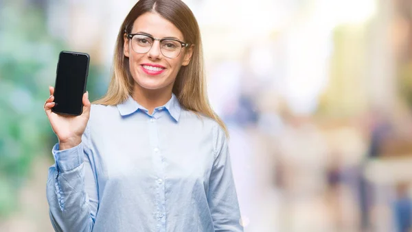 Joven Mujer Negocios Hermosa Que Muestra Pantalla Blanco Del Teléfono —  Fotos de Stock