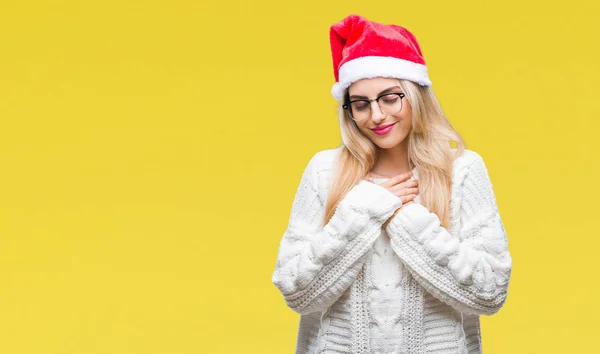 Jovem Mulher Loira Bonita Vestindo Chapéu Natal Sobre Fundo Isolado — Fotografia de Stock