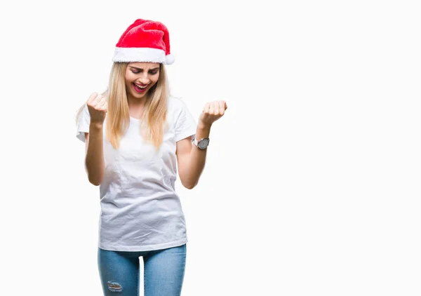 Jovem Linda Mulher Loira Chapéu Natal Sobre Fundo Isolado Muito — Fotografia de Stock