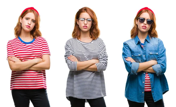 Collage Ung Vacker Rödhårig Kvinna Över Isolerade Bakgrund Skeptiker Och — Stockfoto