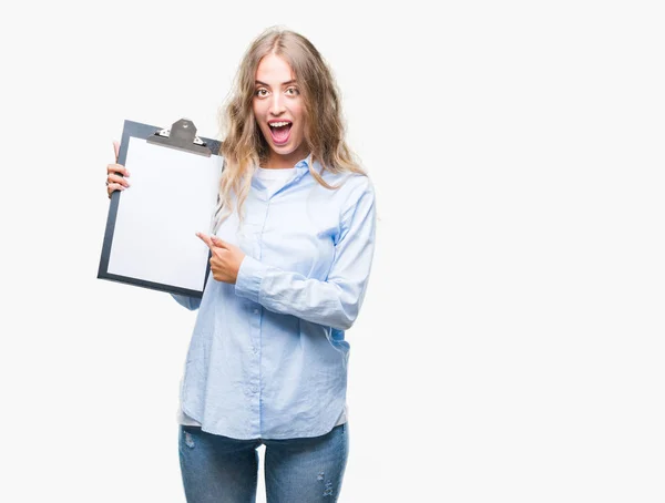 Beautiful Young Blonde Business Woman Holding Clipboard Isolated Background Very — Stock Photo, Image