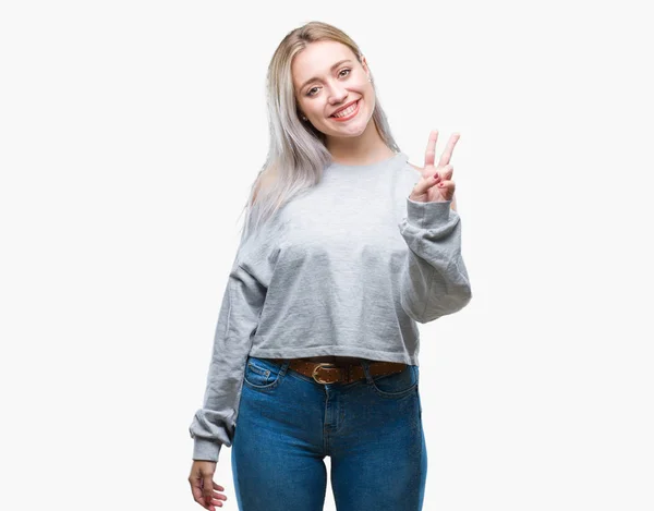 Jovem Loira Sobre Fundo Isolado Sorrindo Com Rosto Feliz Piscando — Fotografia de Stock