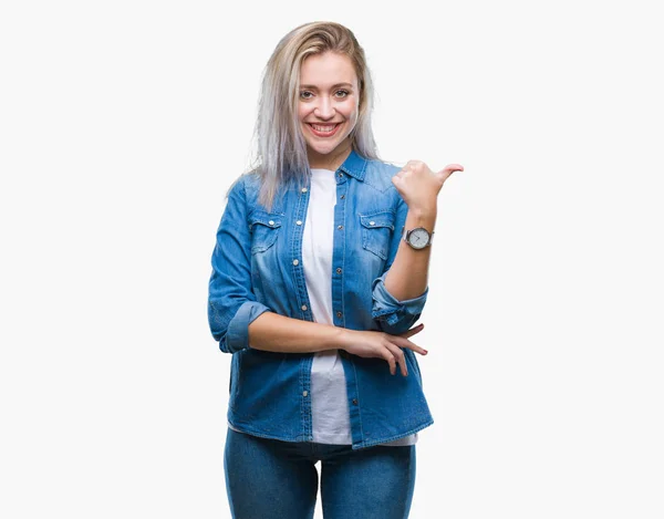 Young Blonde Woman Isolated Background Smiling Happy Face Looking Pointing — Stock Photo, Image