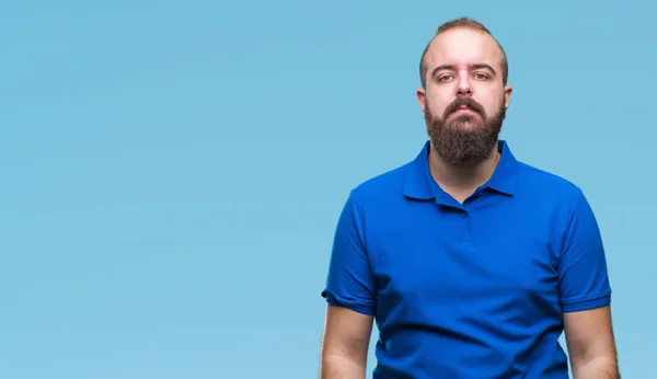 Jonge Kaukasische Hipster Man Blauw Shirt Dragen Geïsoleerde Achtergrond Met — Stockfoto