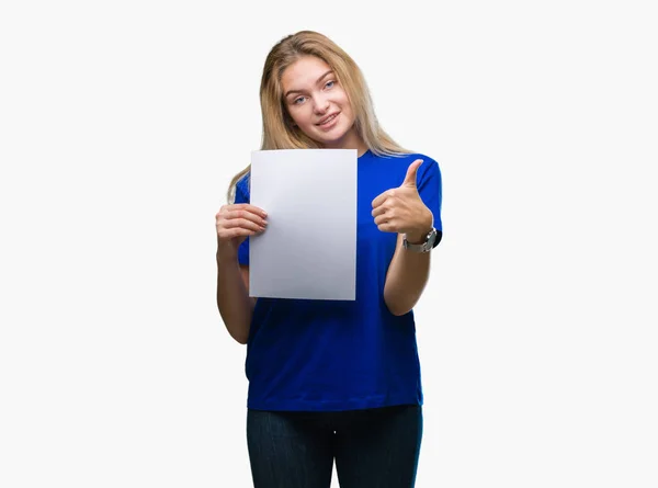 Young Caucasian Woman Holding Blank Paper Sheet Isolated Background Happy — Stock Photo, Image