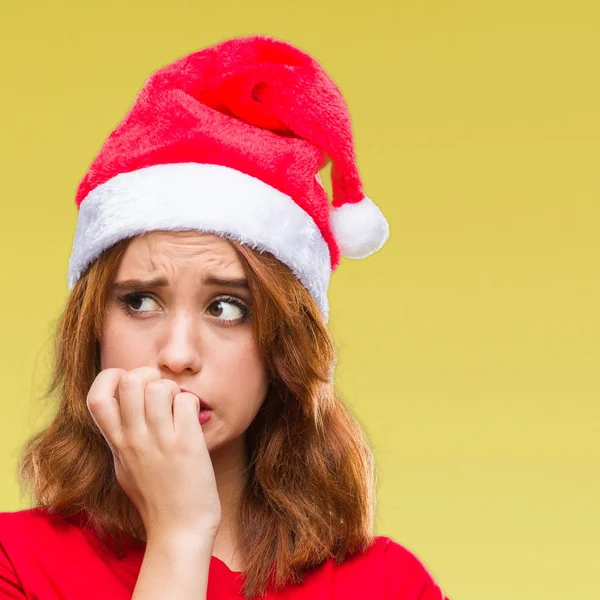 Mooie Jongedame Geïsoleerde Achtergrond Met Kerst Hoed Zoek Gestresst Nerveus — Stockfoto