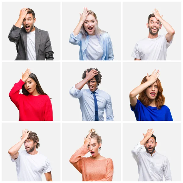 Collage Van Groep Jongeren Vrouw Mannen Geïsoleerde Achtergrond Verrast Met — Stockfoto