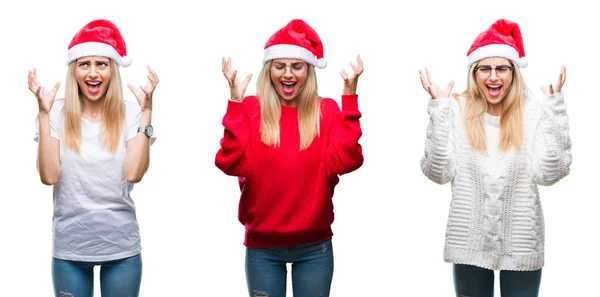 Collage Einer Jungen Schönen Blonden Frau Mit Weihnachtsmütze Vor Isoliertem — Stockfoto