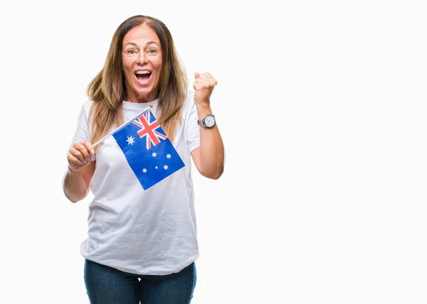 Mujer Hispana Mediana Edad Sosteniendo Bandera Australia Sobre Fondo Aislado —  Fotos de Stock