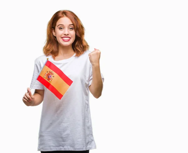 Jeune Belle Femme Tenant Drapeau Espagne Sur Fond Isolé Criant — Photo