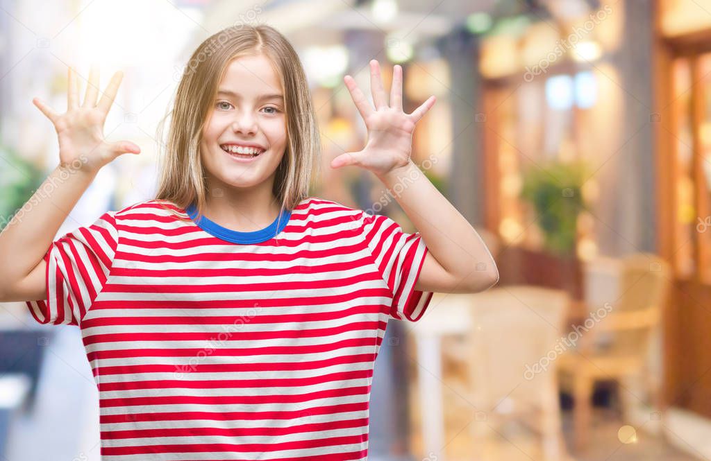 Young beautiful girl over isolated background showing and pointing up with fingers number ten while smiling confident and happy.