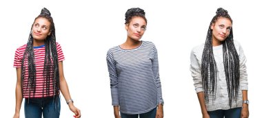 Güzel örgülü saç Afrikalı-Amerikalı kadın görünümlü yan ve dik dik bakma uzağa düşünce gülümseyen izole arka plan yüzünden kolaj.