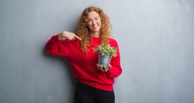 Gri grunge duvar bitki pot sürpriz yüz işaret parmağı kendisine tutan genç Kızıl saçlı kadın