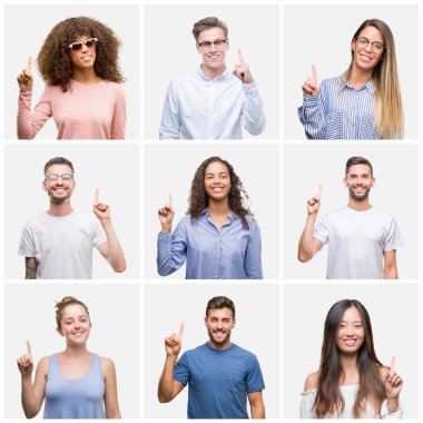 Kolaj bir grup genç insanlar kadın ve erkekler üzerinde gösterilen ve kendinden emin ve mutlu gülümseyen bir parmak ile işaret eden oktan yukarı beyaz solated arka plan.