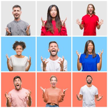 Kolaj bir grup genç insan izole renkli arka plan çılgın ve kızgın bağırarak ve agresif ifade ve silah kaldırdı bağırıyor. Hayal kırıklığı kavramı.