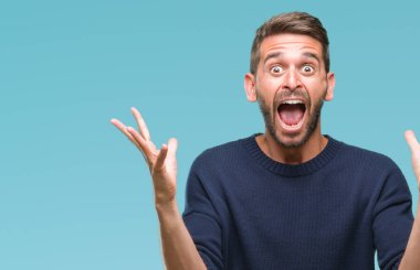 Üzerinde kış kazak giyen genç yakışıklı adam deli kutluyor arka plan izole ve başarı için kaldırdı kollarını açarak hayrete ve heyecanlı çığlık gözleri açık. Kazanan kavramı