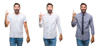 Yakışıklı genç Hintli emin çapraz kollar ve çeneme kaldırdı el ile gülümseme ile kameraya bakarak izole arka plan üzerinde kolaj. Pozitif düşünce.