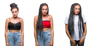 Kolaj olan güzel örgülü saç Afrikalı-Amerikalı kadın Doğum işareti yüzünde ciddi bir ifade ile izole arka plan üzerinde. Basit ve doğal kameraya bakıyor.