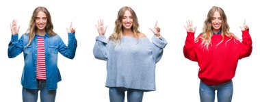 Genç güzel genç kadın gösterilen ve parmakları ile işaret beyaz izole arka plan yüzünden kendinden emin ve mutlu gülümseyerek süre yedi numara.