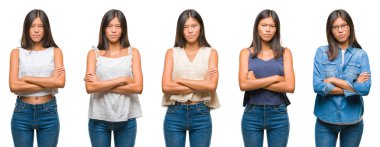 Kolaj üzerinde beyaz izole arka plan şüpheci ve sinir, onaylamayan ifade yüz çapraz kolları üzerinde duran Asya genç kadın. Negatif kişi.