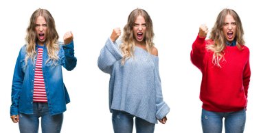 Beyaz izole arka plan öfkeli ve sinirli sinirli ve öfke ile bağırarak süre öfkeli yumruk yükselterek genç güzel genç kadın. Öfke ve agresif kavramı.