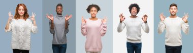 Kolaj grup antika arka plan üzerinde kış kazak giyen Afro-Amerikan ve İspanyol insan dinlenmek ve gülümseyen gözlerle parmak ile meditasyon jest yapıyor kapalı. Yoga kavramı.