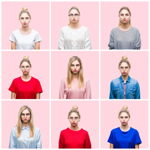 Collage Unga Vackra Blonda Kvinnan Över Rosa Isolerade Bakgrund Pustande — Stockfoto