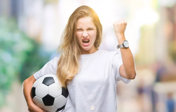 Young Beautiful Blonde Woman Holding Soccer Ball Isolated Background Annoyed — Stock Photo, Image