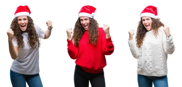 年轻的黑发女孩在孤立的背景上戴着圣诞帽的拼贴非常高兴和兴奋地做了胜利的手势与手臂抬起 微笑着尖叫着为成功 庆祝理念 — 图库照片