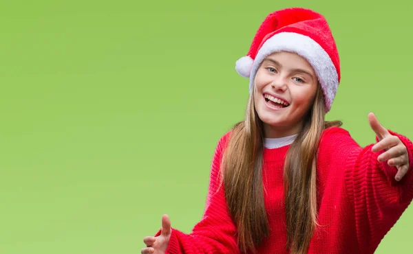 Menina Bonita Nova Vestindo Chapéu Natal Sobre Fundo Isolado Olhando — Fotografia de Stock