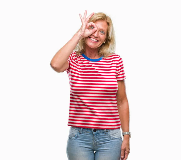 Middle Age Blonde Woman Isolated Background Doing Gesture Hand Smiling — Stock Photo, Image