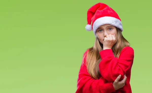 Giovane Bella Ragazza Indossa Cappello Natale Sfondo Isolato Cercando Stressato — Foto Stock