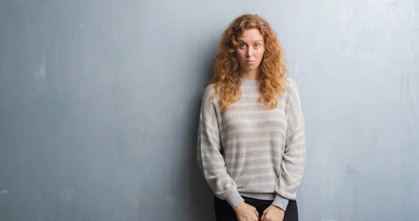 Young Redhead Woman Grey Grunge Wall Depressed Worry Distress Crying — Stock Photo, Image