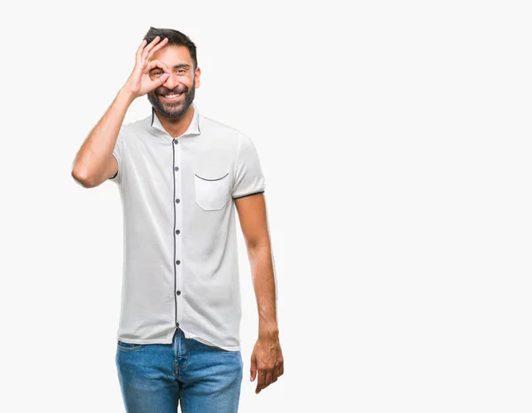 Volwassen Spaanse Man Geïsoleerde Achtergrond Doen Gebaar Met Hand Glimlachen — Stockfoto
