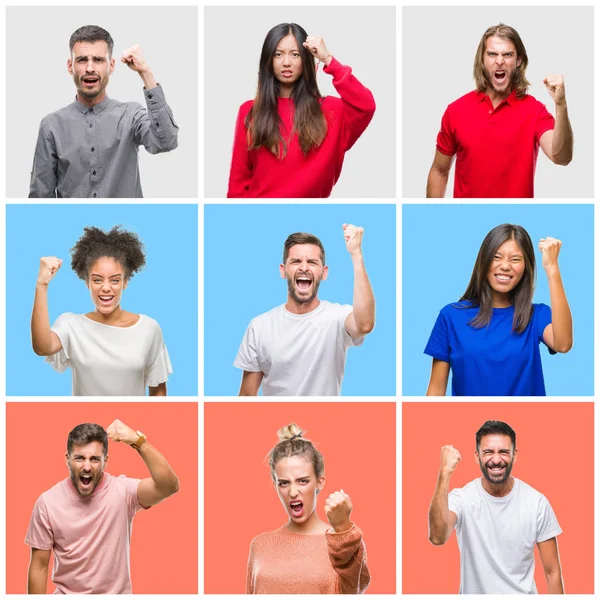 Collage Grupo Jóvenes Sobre Colorido Fondo Aislado Enojado Loco Levantando — Foto de Stock