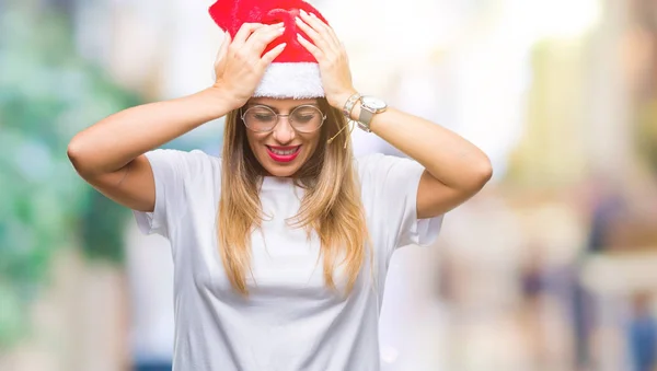 Giovane Bella Donna Indossa Cappello Natale Sfondo Isolato Che Soffre — Foto Stock