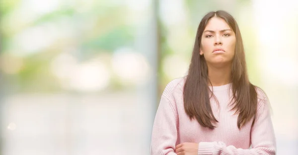 Young Beautiful Hispanic Woman Wearing Sweater Skeptic Nervous Disapproving Expression — Stock Photo, Image