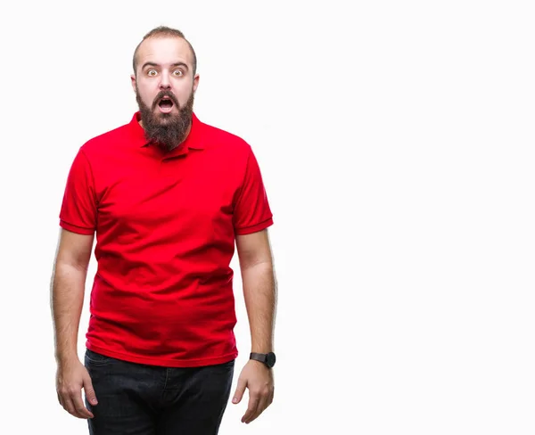 Joven Hombre Hipster Caucásico Vistiendo Camisa Roja Sobre Fondo Aislado — Foto de Stock