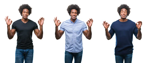 非洲裔美国年轻英俊男子拼贴画在孤立的背景下放松和微笑闭上眼睛做冥想手势用手指 瑜伽理念 — 图库照片