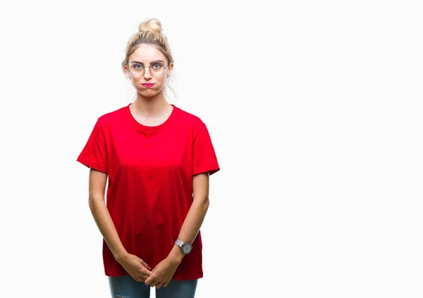 Jovem Mulher Loira Bonita Vestindo Camiseta Vermelha Óculos Sobre Fundo — Fotografia de Stock