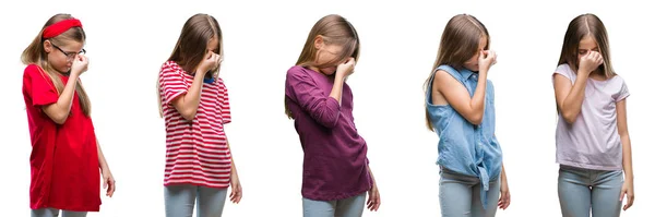 Collage Unga Vackra Lilla Flicka Ungen Över Isolerade Bakgrund Trött — Stockfoto