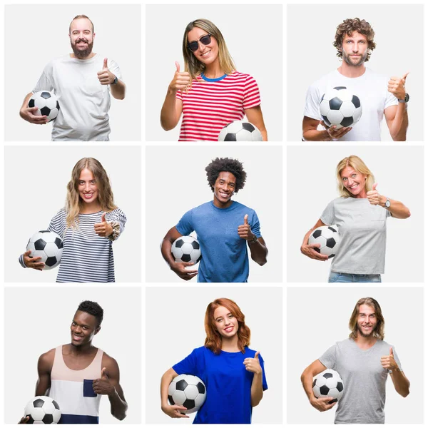 Collage Einer Gruppe Junger Und Älterer Menschen Die Fußball Über — Stockfoto