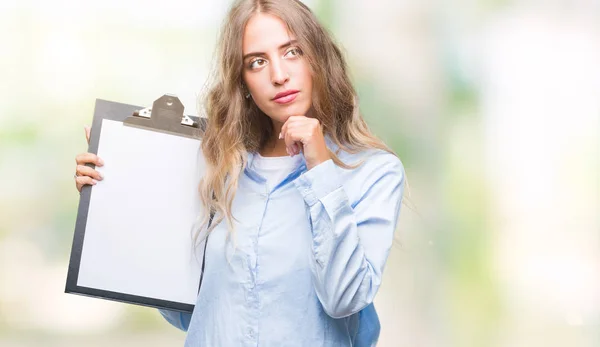 Beautiful Young Blonde Business Woman Holding Clipboard Isolated Background Serious — Stock Photo, Image