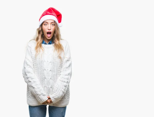 Krásná Mladá Blond Žena Nosí Vánoční Čepice Izolované Pozadí Strach — Stock fotografie