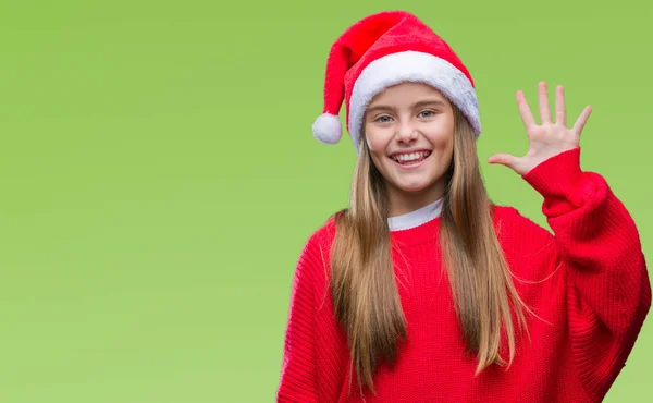 Menina Bonita Nova Vestindo Chapéu Natal Sobre Fundo Isolado Mostrando — Fotografia de Stock