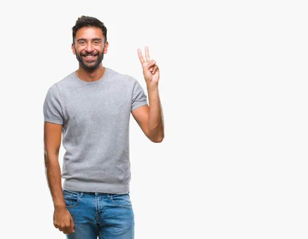 Volwassen Spaanse Man Geïsoleerde Achtergrond Glimlachend Met Blij Gezicht Winking — Stockfoto