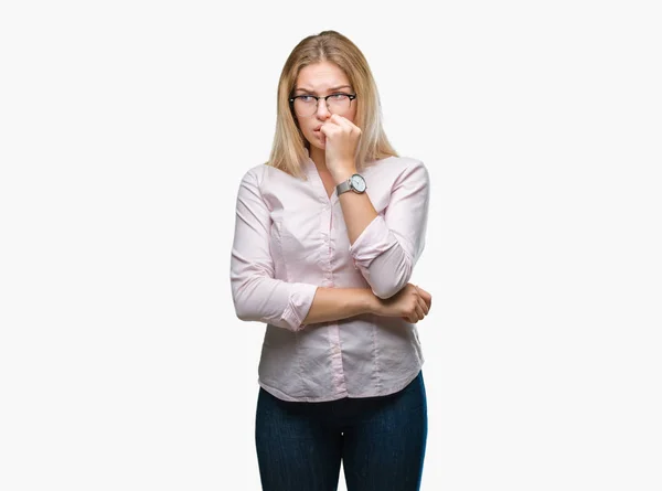 Mladý Bělošský Obchodních Žena Nosí Brýle Izolované Pozadí Pohledu Stresovaní — Stock fotografie