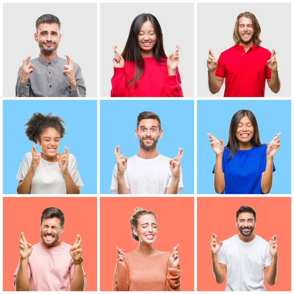 Collage Grupp Ungdomar Över Färgglada Isolerade Bakgrund Leende Korsning Fingrar — Stockfoto