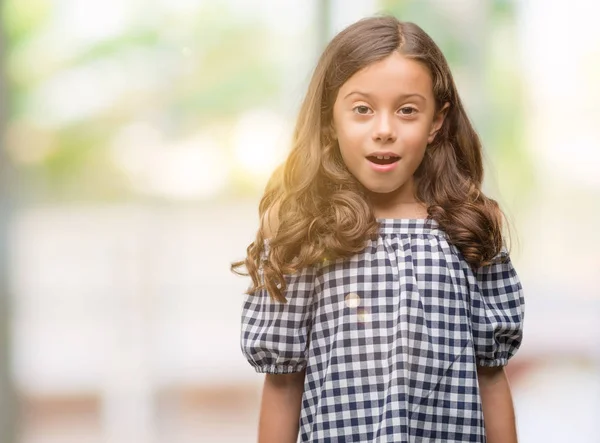 Brunette Hispanic Girl Wearing Black White Dress Scared Shock Surprise — Stock Photo, Image